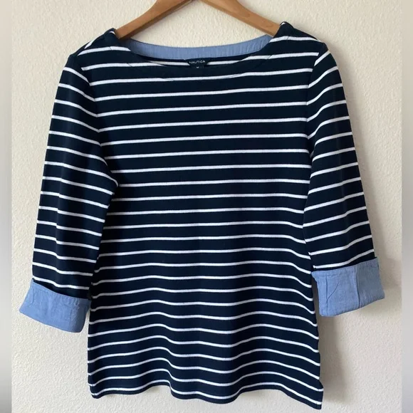 Nautica Women’s Navy & White Striped 3/4 Sleeve Nautical Shirt Size Medium - Picture 1 of 16